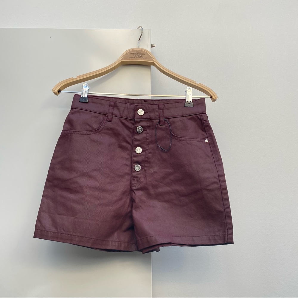 High-Waist Button-Front Waxed Women’s Shorts in Deep Wine
